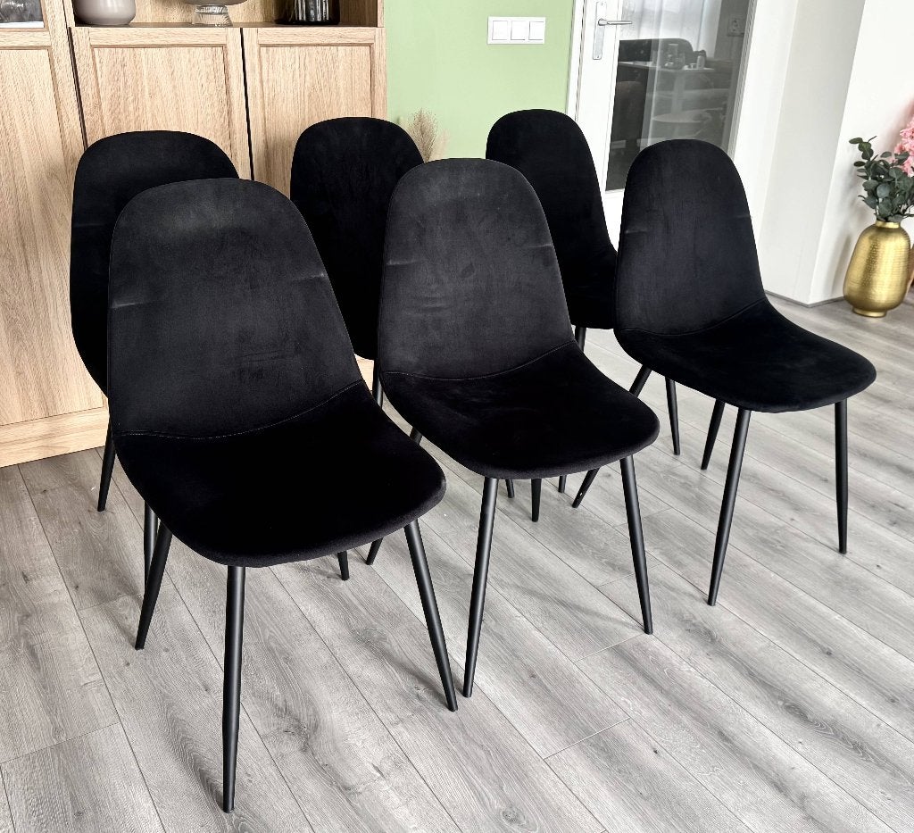 6 Zwarte velvet eetkamerstoelen, Ophalen, Gebruikt, Zwart, Metaal