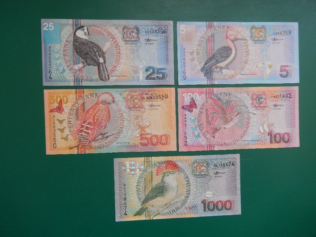 Suriname 5- 25 - 100 - 500 - 1000 Gulden 2000 licht gebruikt, Ophalen of Verzenden, Zuid-Amerika