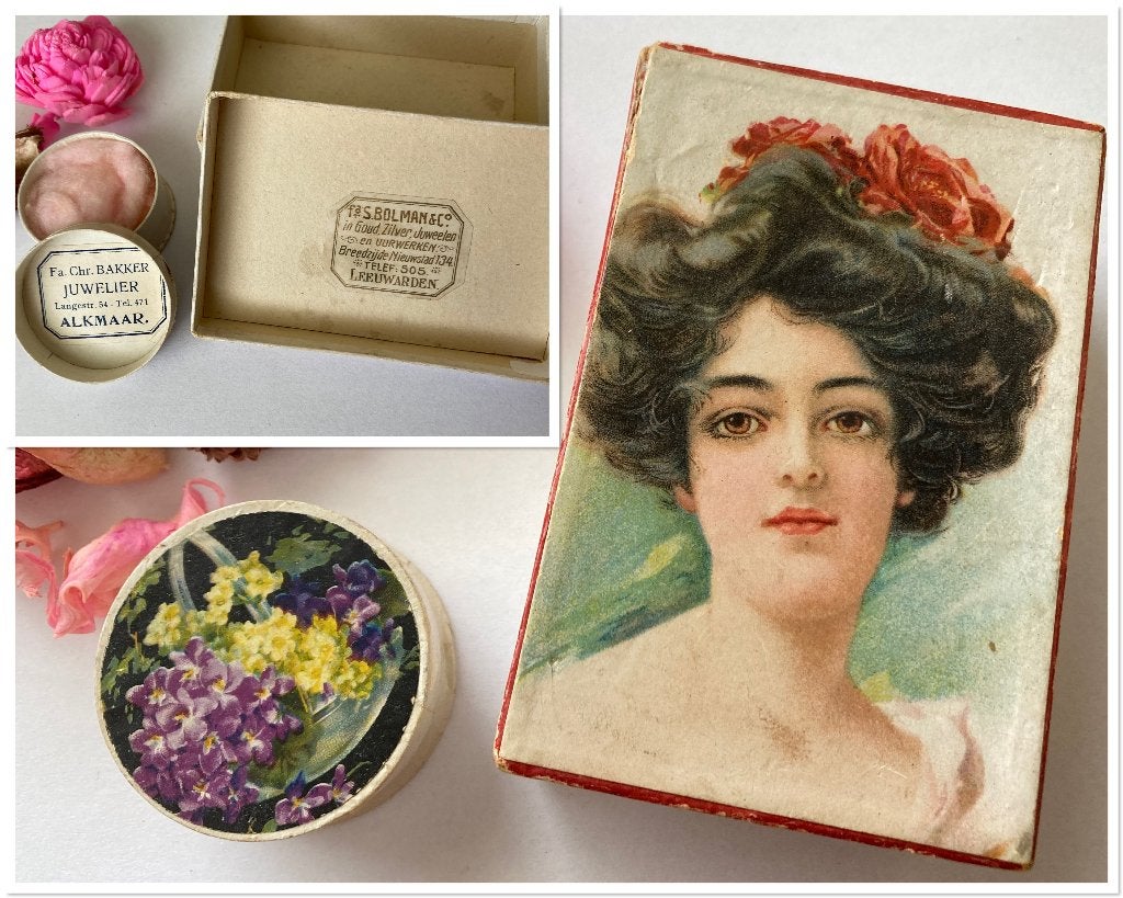 Antieke juweliersdoosjes met litho, sieradendoosjes, Antiek en Kunst, Curiosa en Brocante, Ophalen of Verzenden