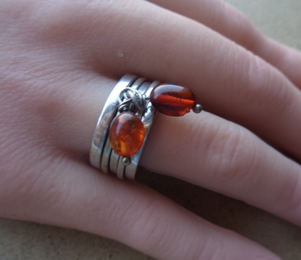 zilveren 5-delige ring met barnsteen [871], Verzenden, Zo goed als nieuw, 17 tot 18, Met edelsteen