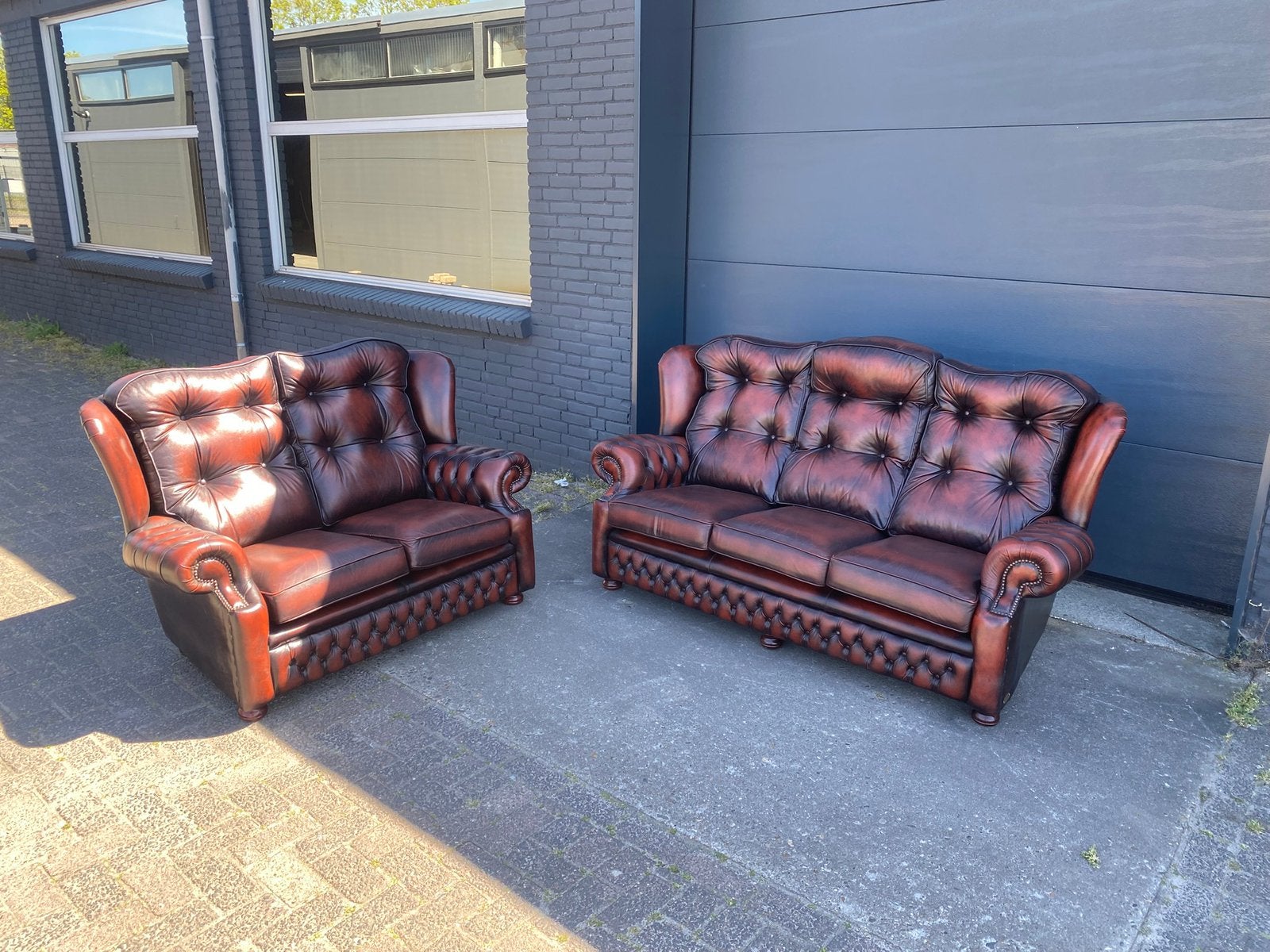 Springvale Chesterfield 3+2 zit bankstel roodbruin, Ophalen, 125 cm of meer, Leer, Zo goed als nieuw