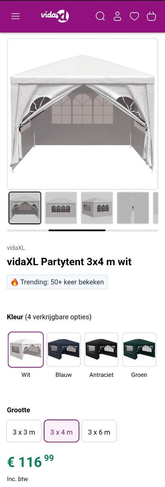 vidaXL Partytent 3x4 m wit - Nieuw in doos, Opvouwbaar, Partytent, Nieuw, 4 tot 6 meter