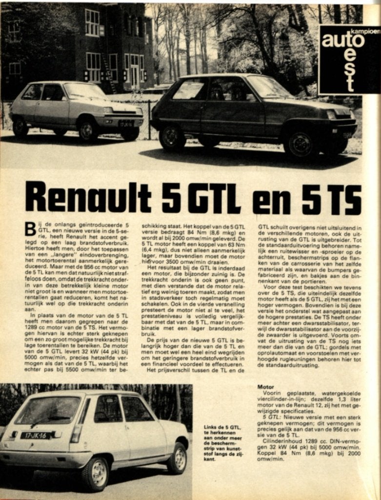 Autokampioen dubbeltest Renault 5 GTL en TS 1976, Ophalen of Verzenden, Gelezen, Renault