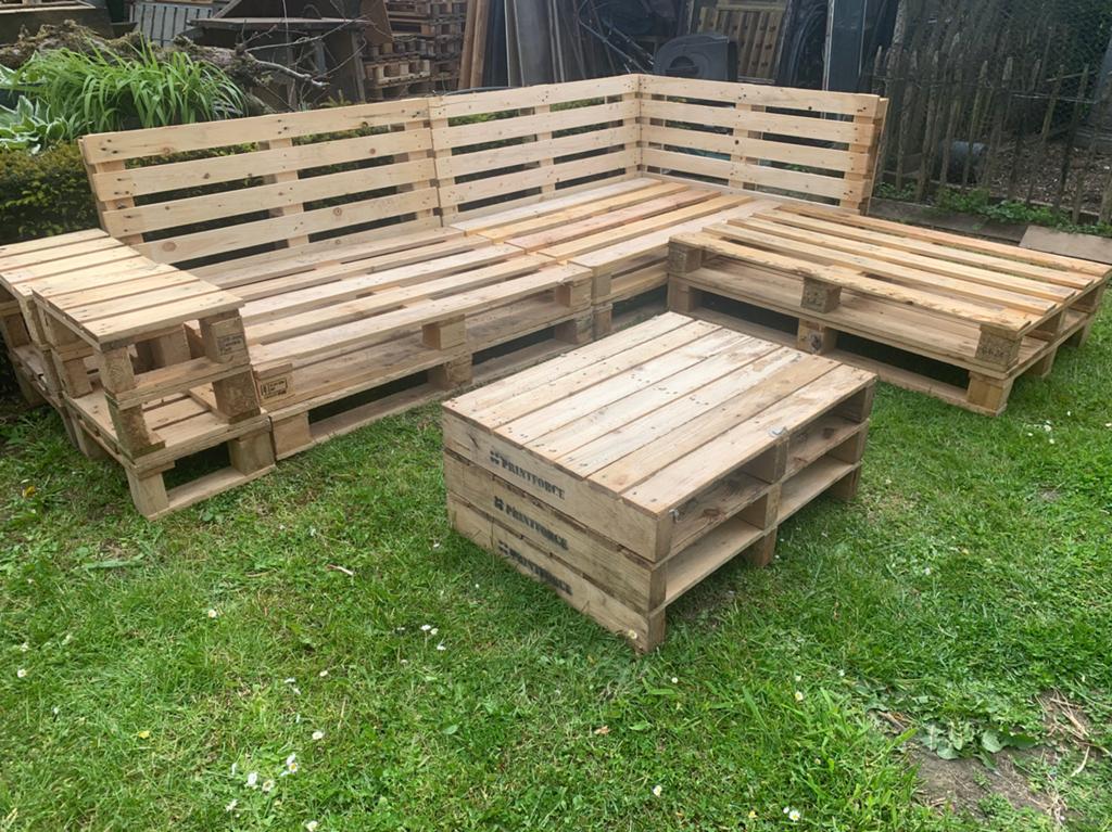 DIY houten palletbanken, loungesets euroformaat, Ophalen, 6 zitplaatsen, Zo goed als nieuw, Eettafel