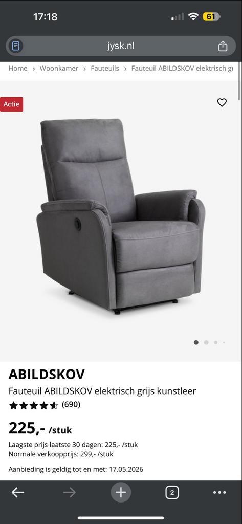 Elektrische relaxfauteuil ABILDSKOV (Jysk), Huis en Inrichting, Slaapkamer | Slaapbanken, Ophalen, 90 cm, Eenpersoons, Zo goed als nieuw