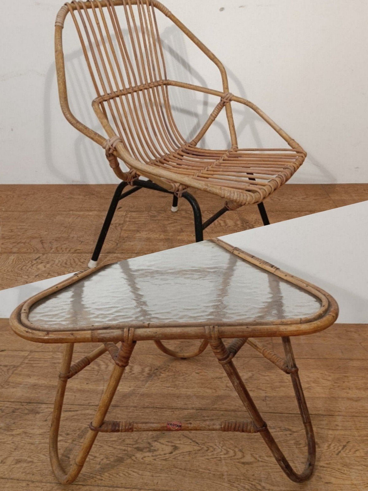 vintage rotan rohe tafeltje en stoel uit de jaren 60 - 70, Ophalen, Gebruikt, Bruin, Eén