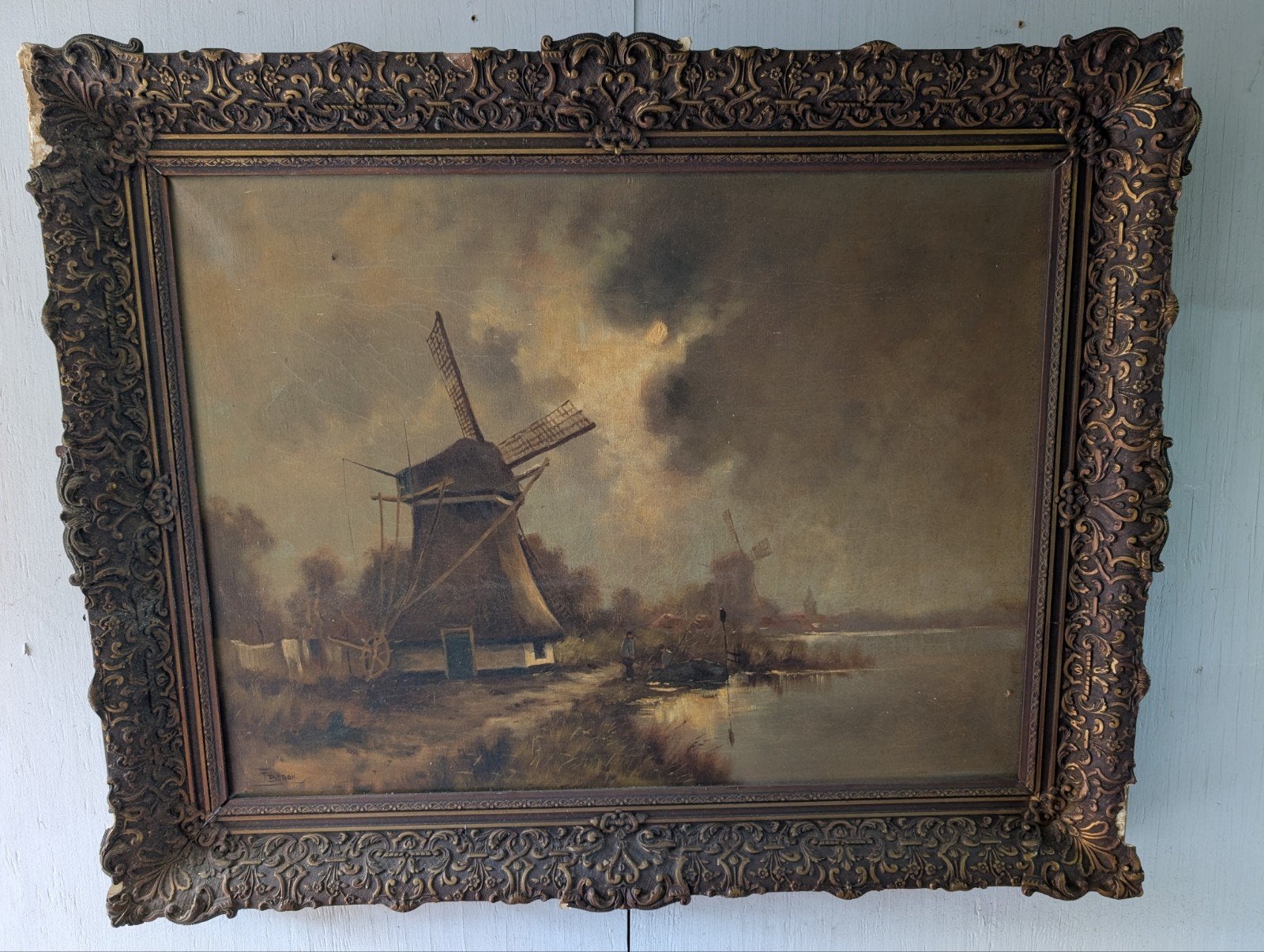 Olieverfschilderij met molenlandschap, gesigneerd F. Baron, Ophalen