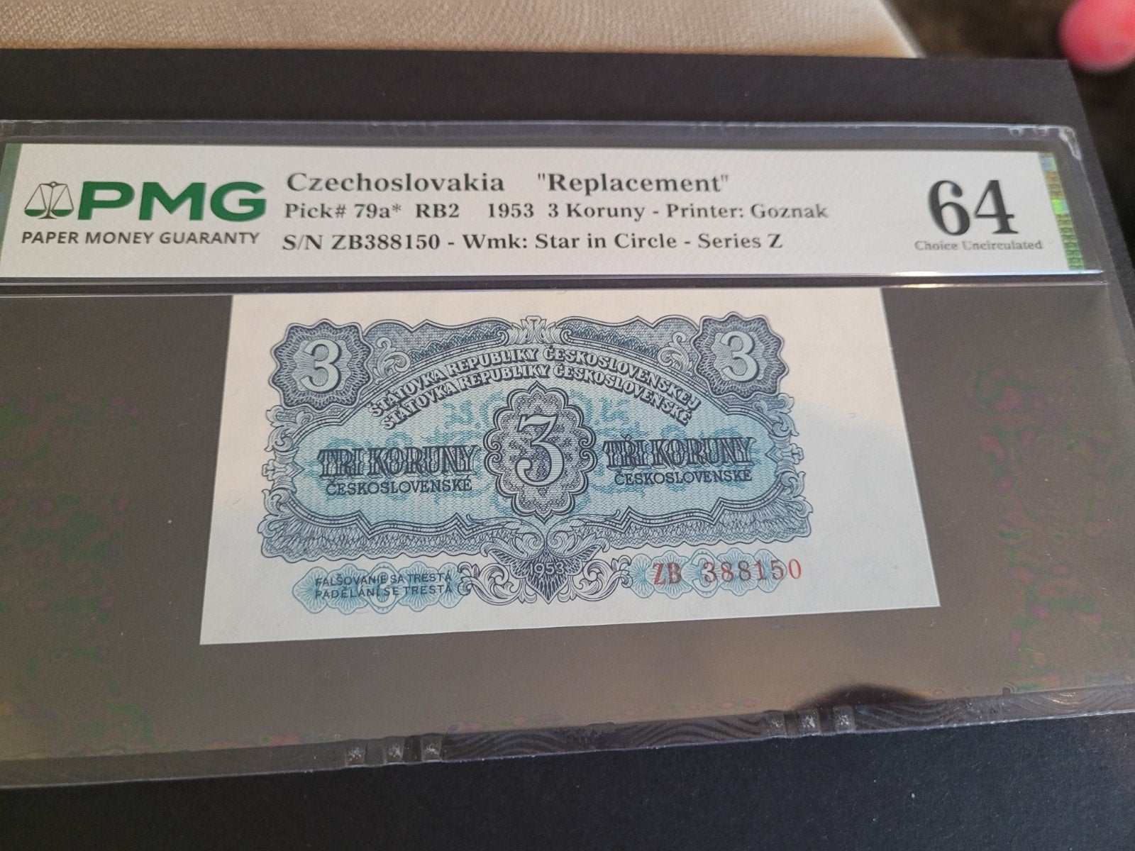Tsjechoslowakije 3 Koruny 1953 PMG 64 Choice Uncirculated, Ophalen of Verzenden