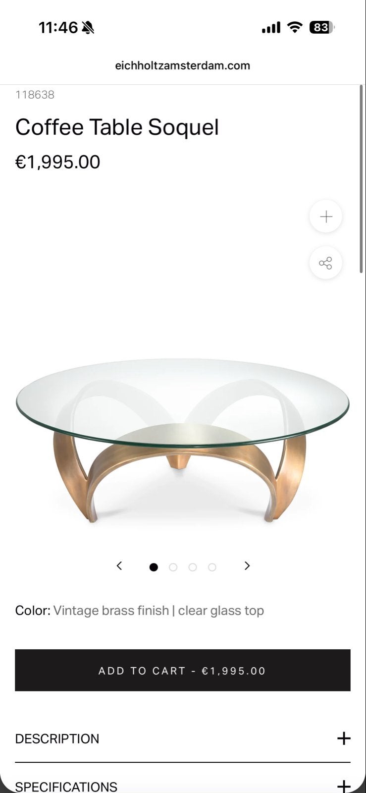 Eichholtz Salontafel Soquel - Glas en hout, Huis en Inrichting, Ophalen, Gebruikt, 100 tot 150 cm, Rond