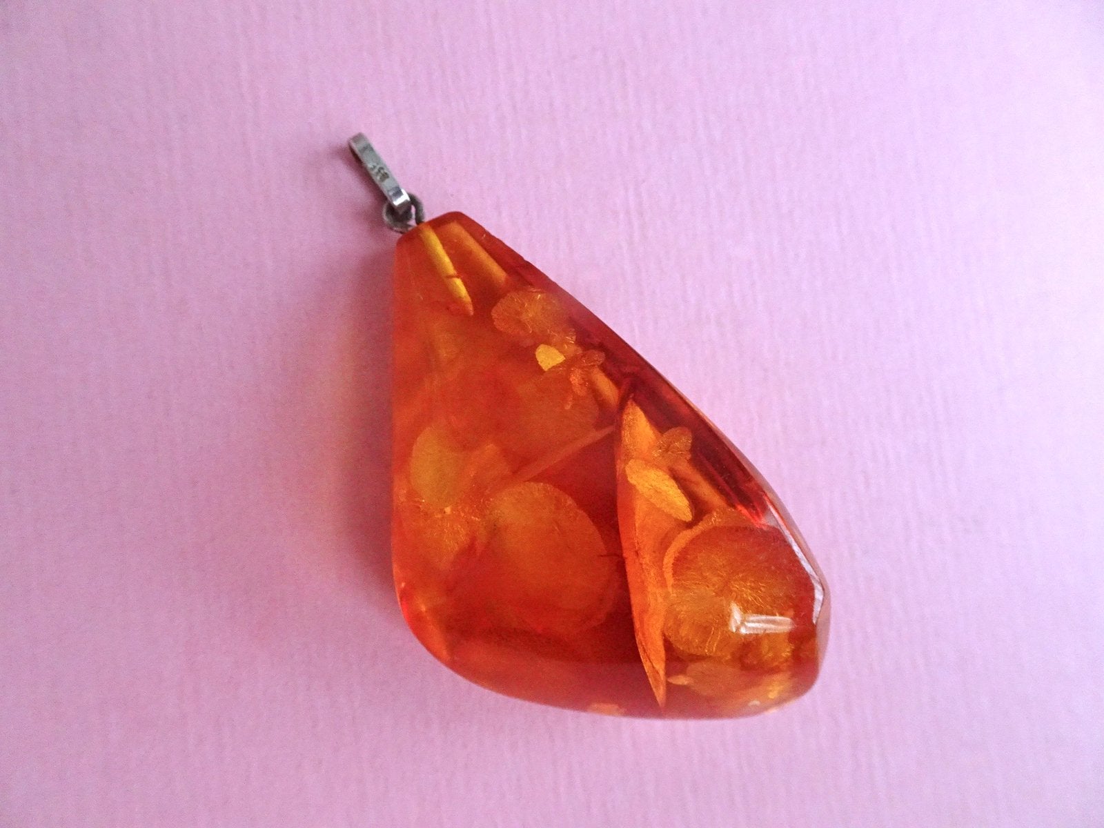 jwg Grote vintage 60s amber barnsteen ketting hanger zilver, Verzenden, Zilver, Hanger, Met edelsteen