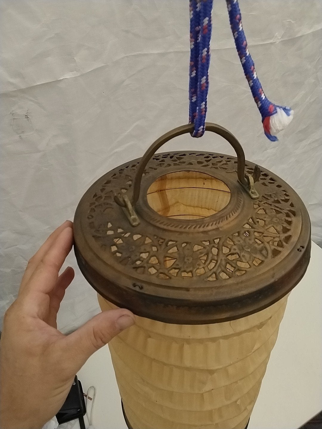 Vintage koperen/ papieren oosterse lantaarn met metalen fram, Ophalen of Verzenden