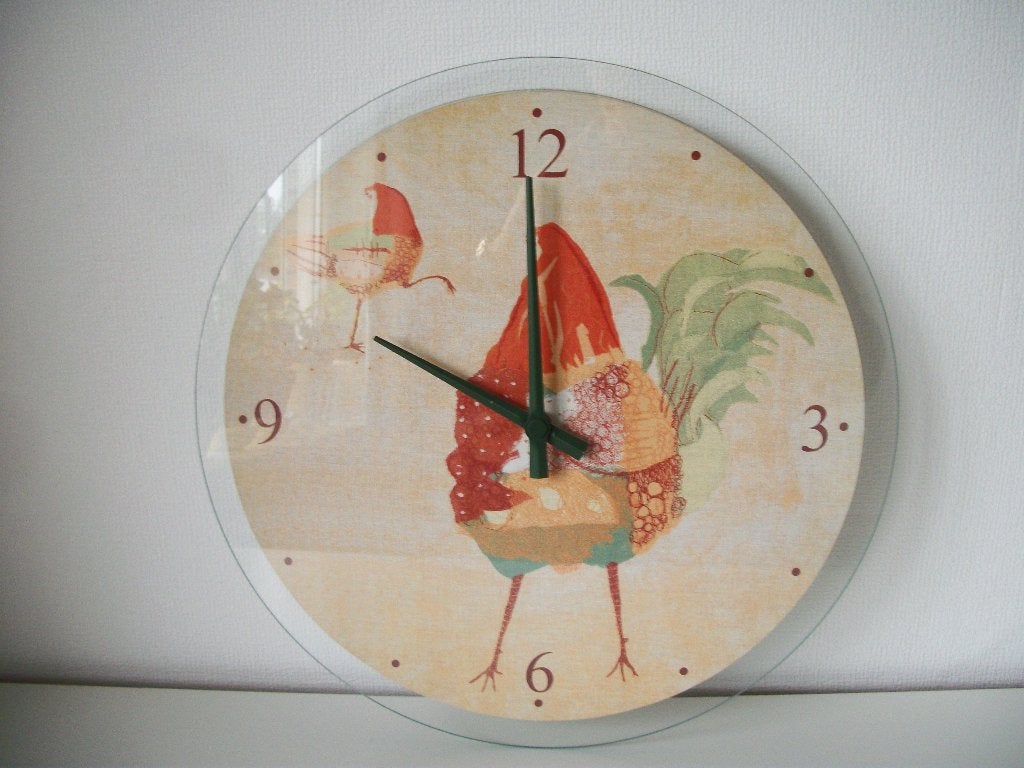 Klok 2 Kippen - 35 cm - Vintage - Groen Oranje Beige – zgan, Wandklok, Vintage, Analoog, Werkt op batterijen