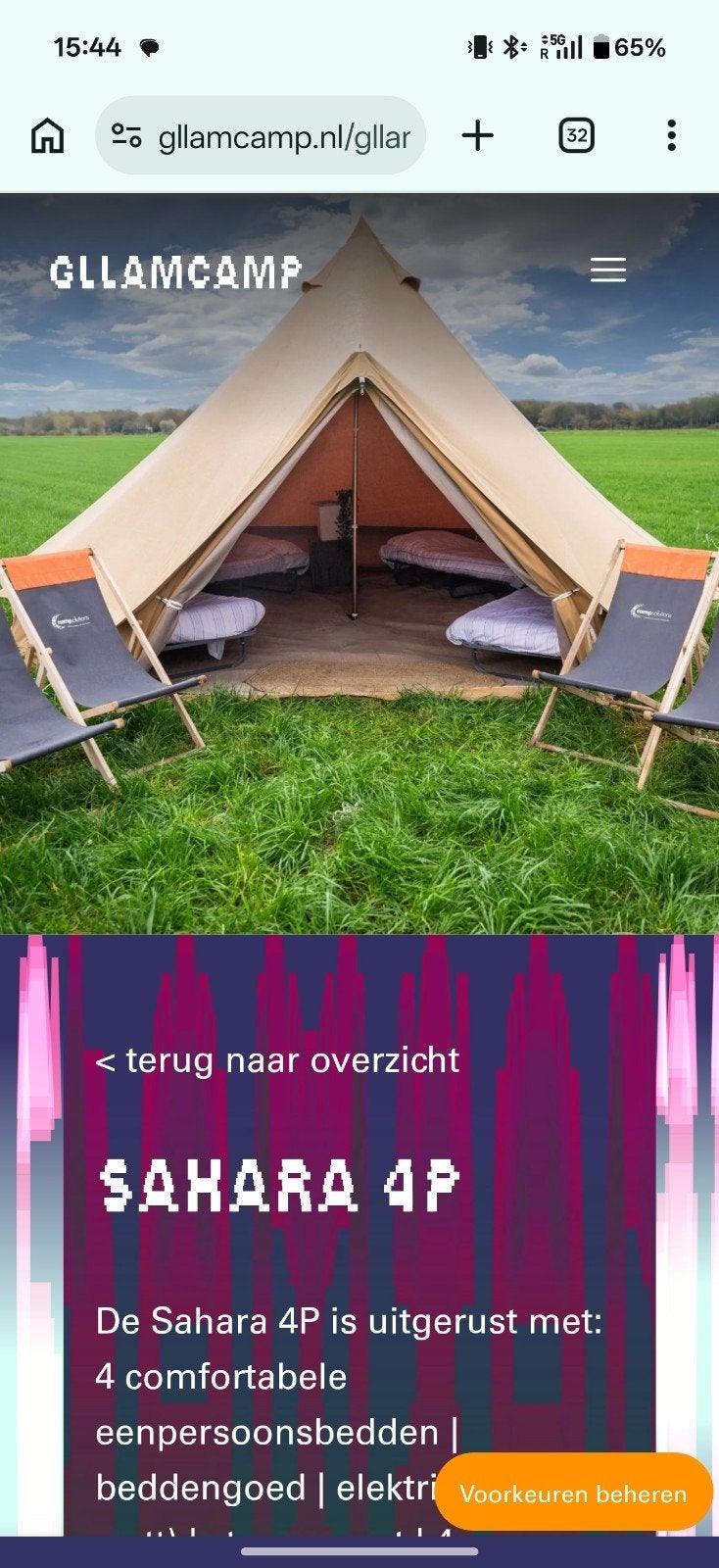 Lowlands: Gllamcamp Sahara tent upgraden van 2 naar 3 bedden