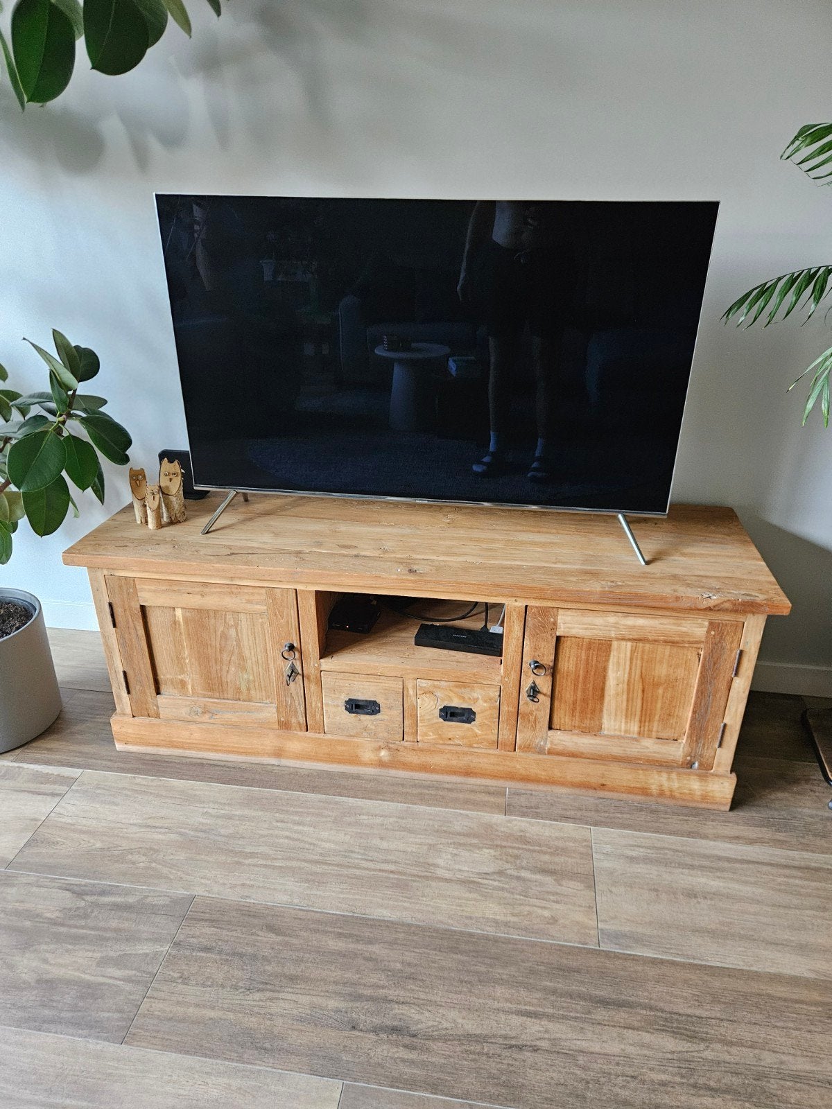 Robuust Teakhouten TV-meubel met Opbergruimte, Ophalen, Landelijk, Industrieel, Robuust, Gebruikt, Teakhout