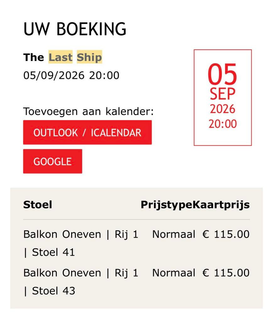 Tickets Last Ship 5 september, Tickets en Kaartjes, Twee personen, Overige soorten, Overige typen