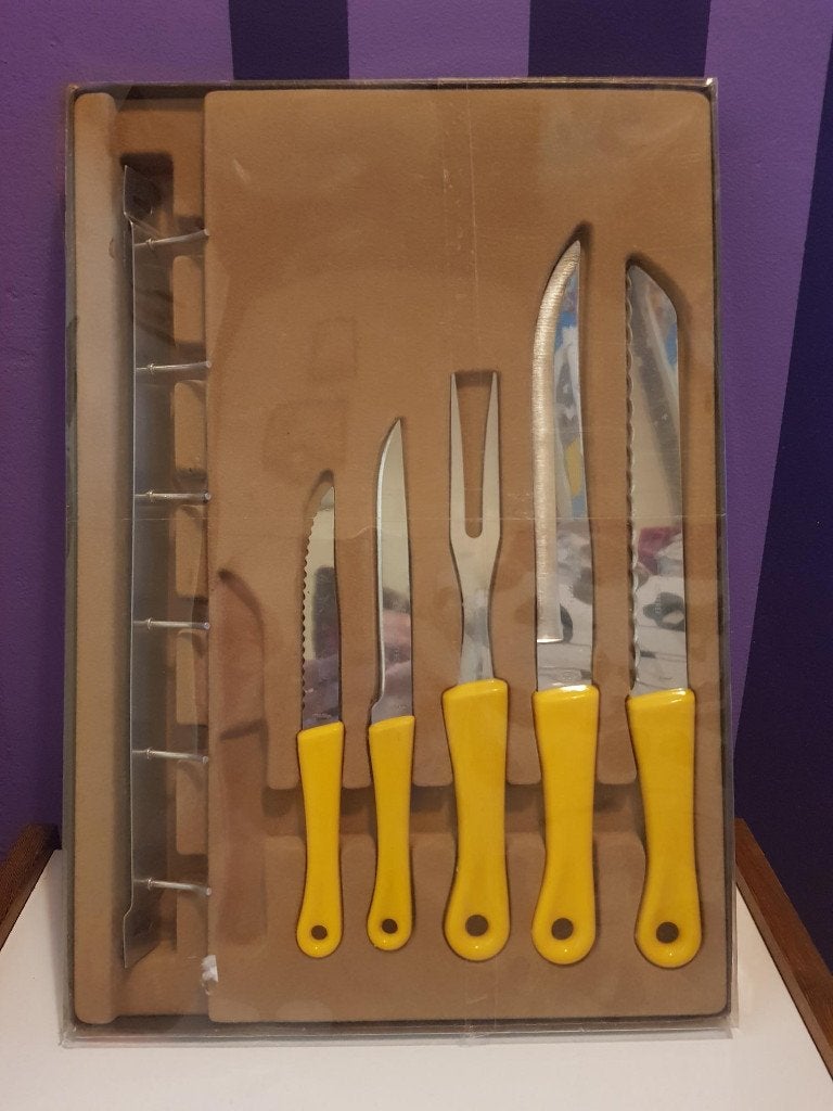 retro vintage jaren 70 RVS bestek messen set mes ophang rek, Huis en Inrichting, Bestekset, Keukenmes, Nieuw, Ophalen of Verzenden