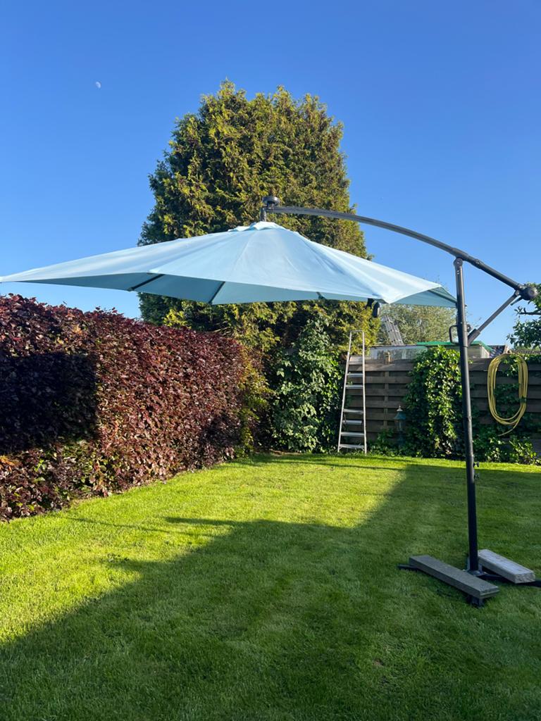 Zweefparasol zonder paal - Lichtblauw, 350 cm, Ophalen of Verzenden, Gebruikt, 3 tot 4 meter, Zweefparasol