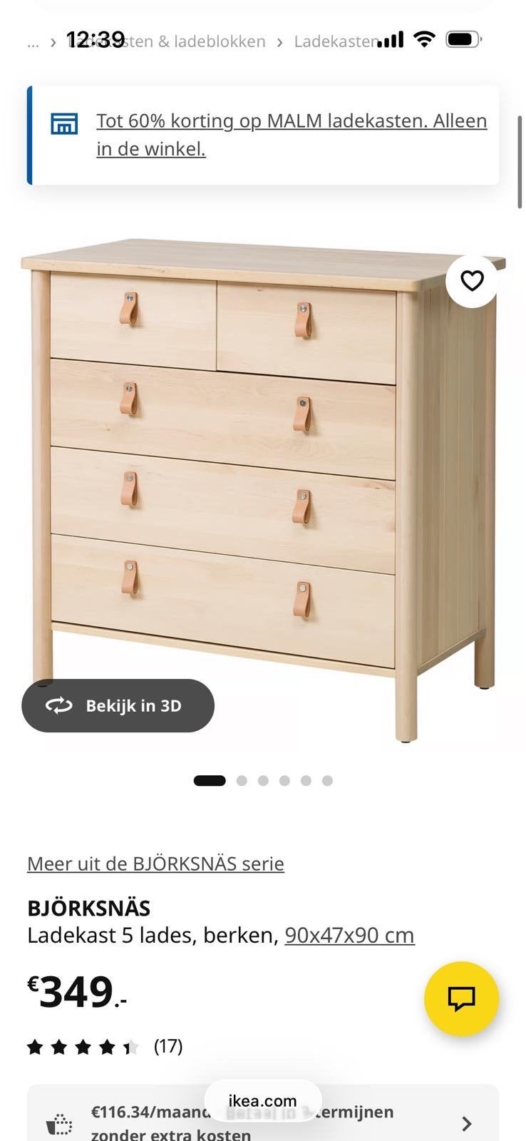 IKEA BJÖRKSNÄS Ladekast 5 laden, berken, Ophalen, 5 laden of meer, 50 tot 100 cm, Zo goed als nieuw