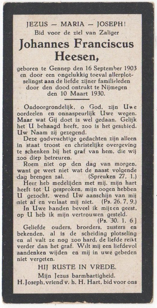 Johannes Fr. Heesen 1903 Geldrop + 1930 Nijmegen, 26 jaar, Verzenden