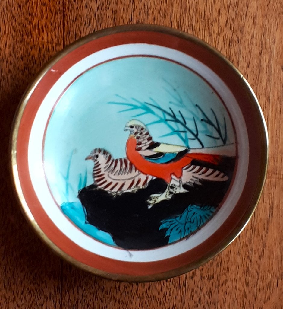 Vintage keramisch vogelschoteltje in messing behuizing, Ophalen