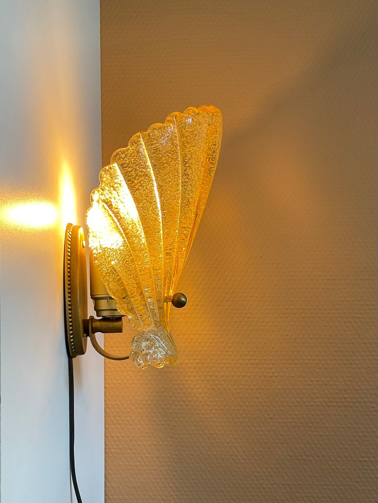 Vintage wandlamp Murano glas schelp, Gebruikt, E14 (klein), Ophalen of Verzenden, Glas