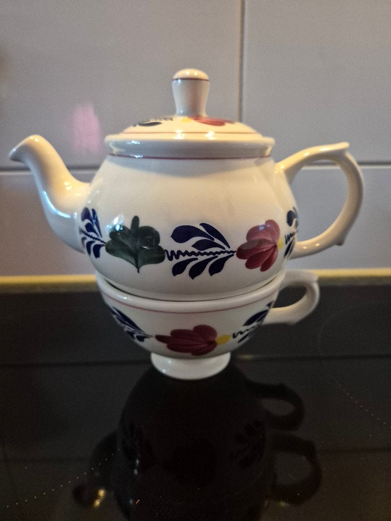 Tea for two, boerenbont kleine theepot 0,4 L met kom, Ophalen of Verzenden, Zo goed als nieuw, Aardewerk, Landelijk/Boerenbont