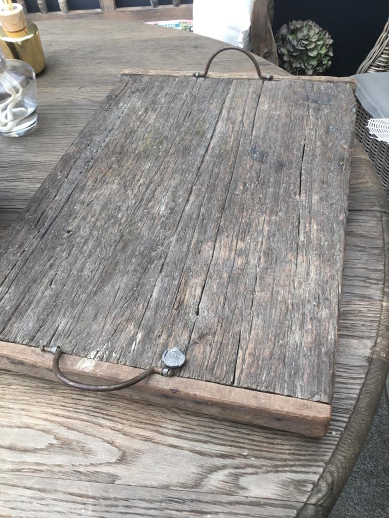 Rustieke houten dienblad met metalen handvatten van HOFFZ, Ophalen, Zo goed als nieuw, Rechthoekig, Hout