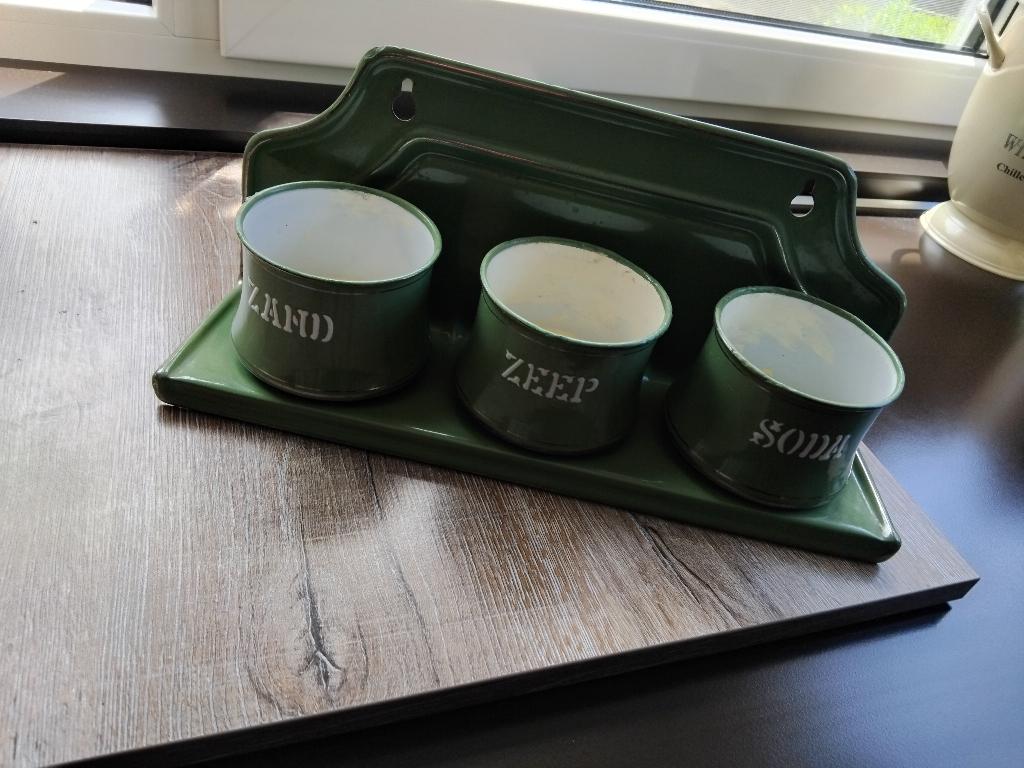 EMAILLE ZAND ZEEP SODA REK KOMPLEET RESEDA GROEN, Antiek en Kunst, Antiek | Emaille, Ophalen