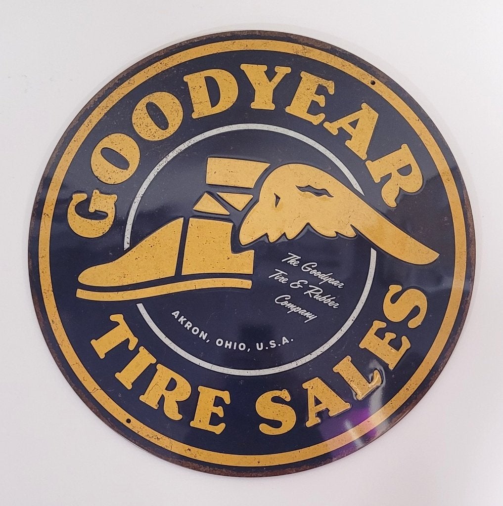 Goodyear Tire Sales relief rond reclamebord van metaal deco, Ophalen of Verzenden, Nieuw, Auto's