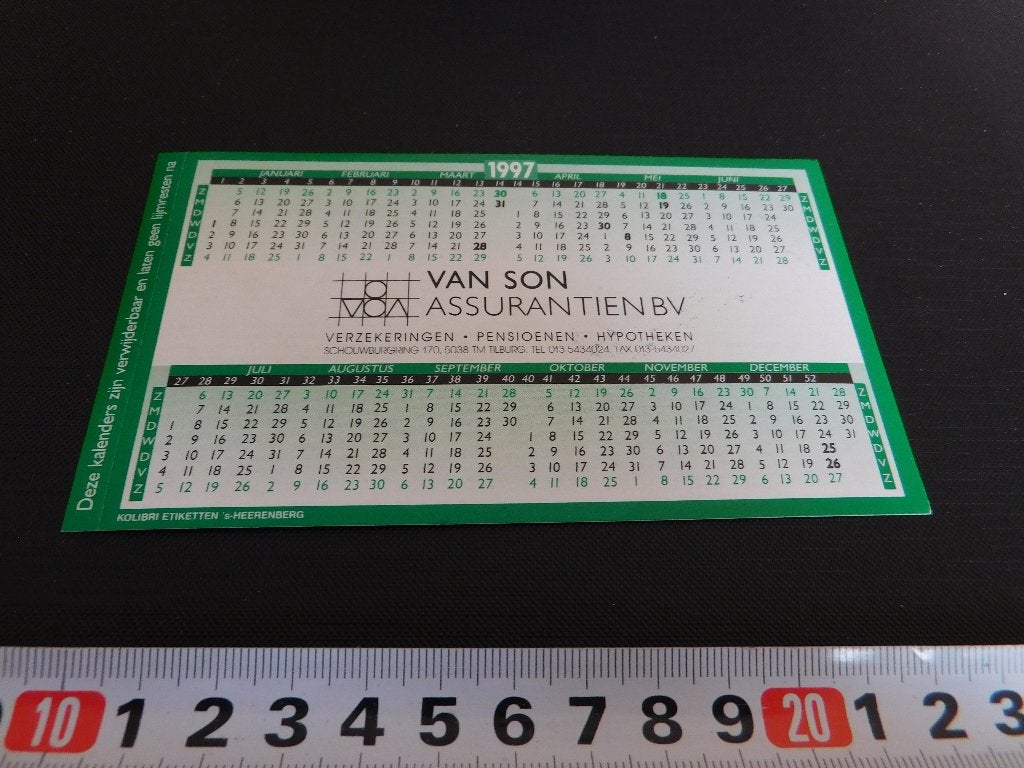 sticker Kalender 1997 VAN SON assurantien bv  Tilburg, Ophalen, Zo goed als nieuw