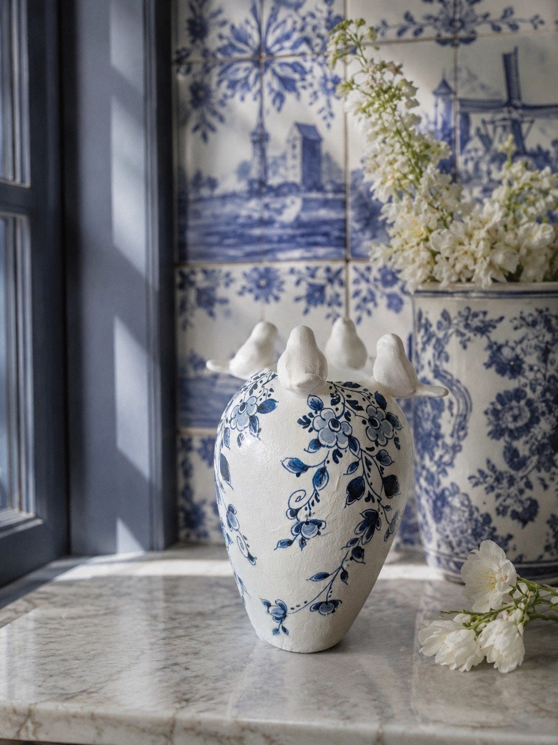 Delfstblauwe Decoupage Vaas, Huis en Inrichting, Woonaccessoires | Vazen, Overige materialen, Wit, Nieuw, Ophalen of Verzenden