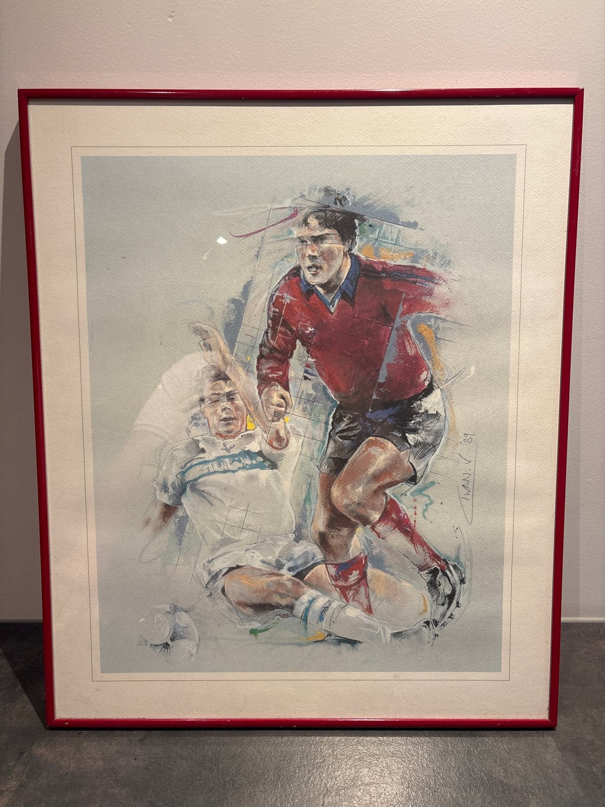 Voetbal schilderij gesigneerd Twan V. '89, Ophalen, Gedateerd, Portret of Personen, Expressionistisch