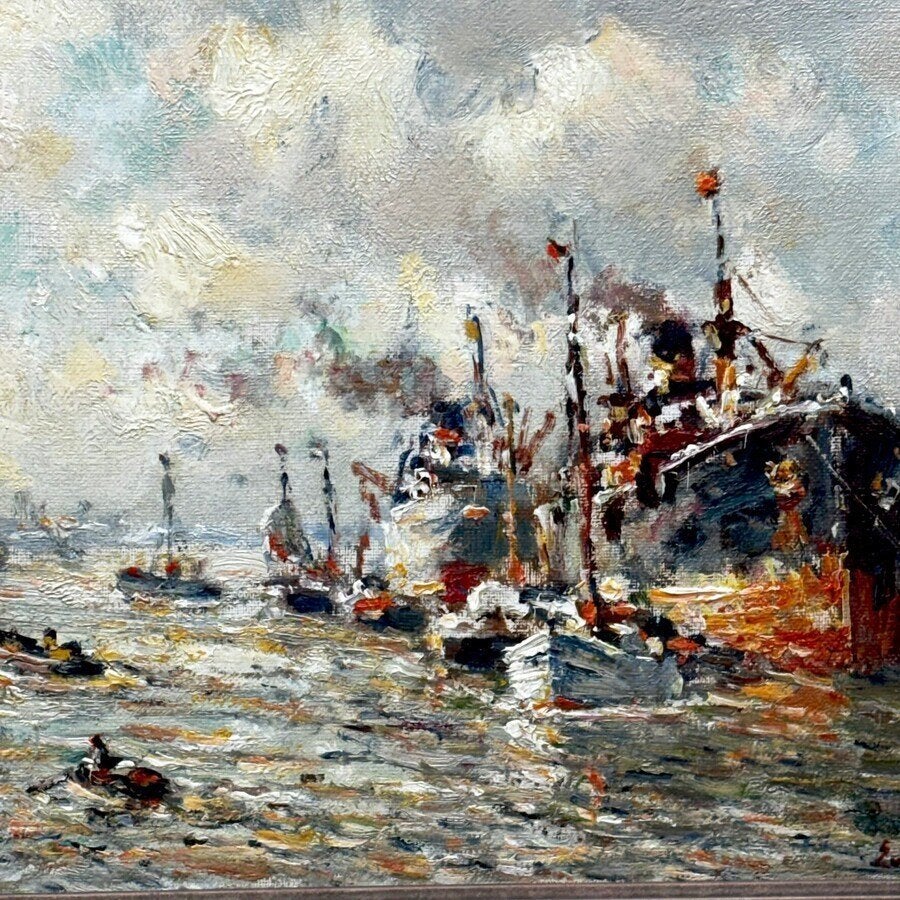Evert Moll (1878-1955) - havengezicht, Antiek en Kunst, Maritiem / water, Nederlandse school, Doek, Ophalen of Verzenden