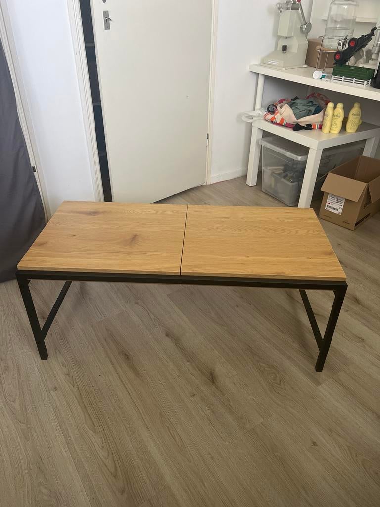 Salontafel met uitschuifbare bladen - Eikenhout & Metaal, Ophalen, 100 tot 150 cm, Eikenhout, 50 tot 100 cm