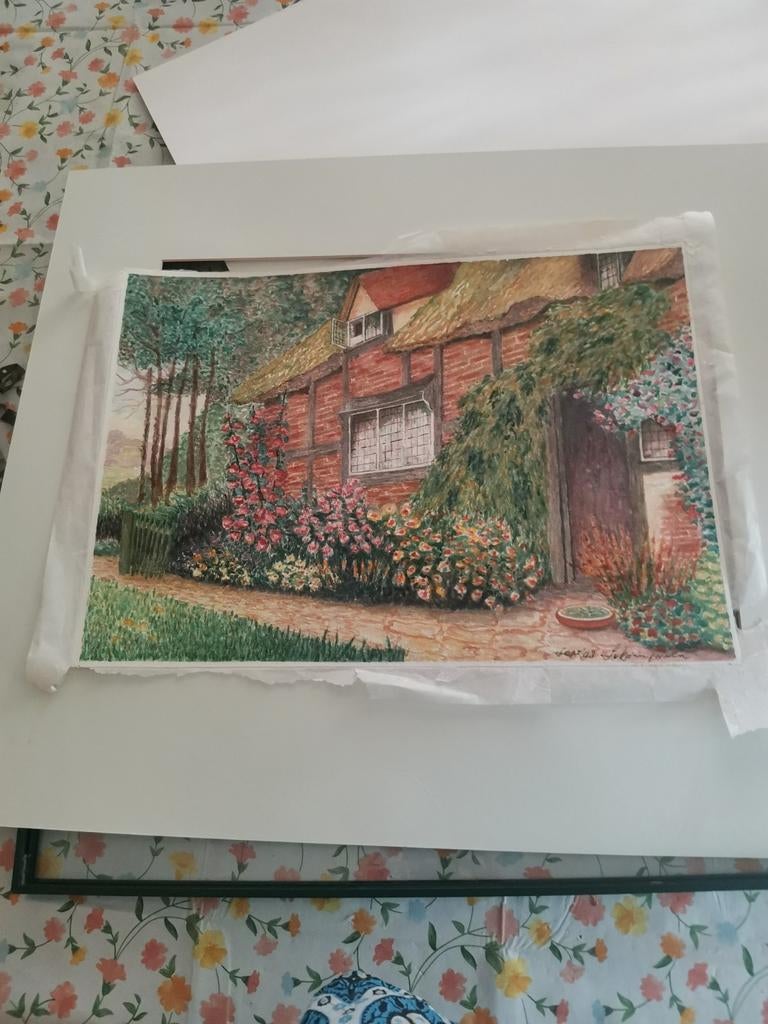 Schilderij: Charmant huisje met bloeiende tuin, Ophalen of Verzenden