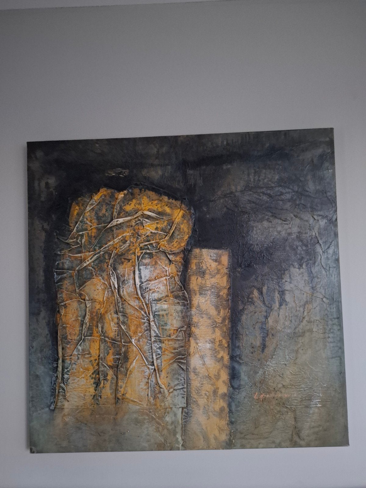 Abstract Schilderij met Textuur en Warme Kleuren, Abstract, Ophalen of Verzenden, Gemengde techniek, Overige materialen