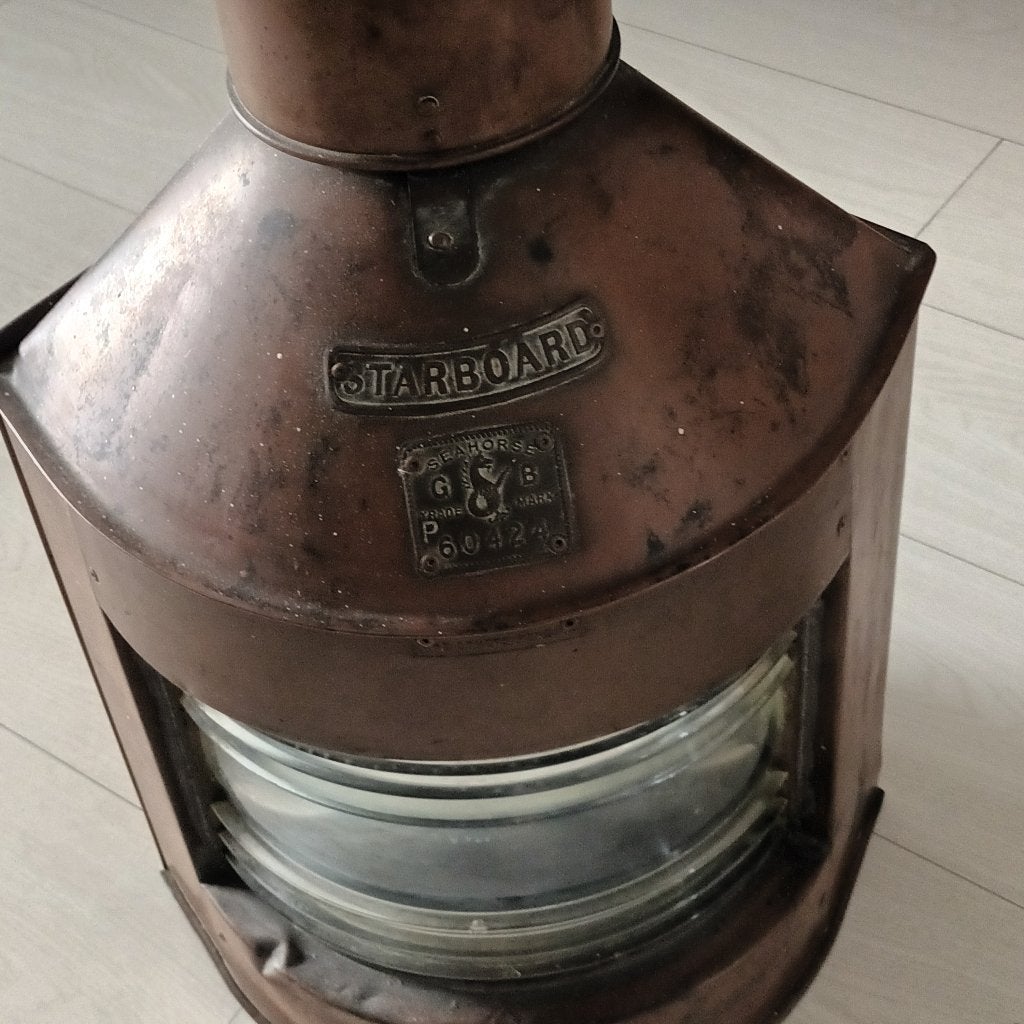 Koperen Scheepslamp stoarboard uit 1930-50 Engeland, Verzamelen, Scheepvaart, Ophalen, Zo goed als nieuw, Motorboot of Zeilboot