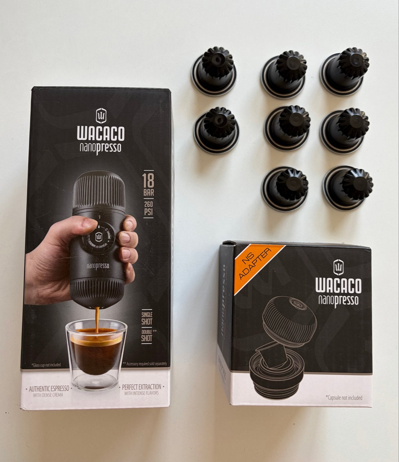 Wacaco Nanopresso + NS adapter + 8 Nespresso cups, Witgoed en Apparatuur, Koffiezetapparaten, Koffiepads en cups, Espresso apparaat