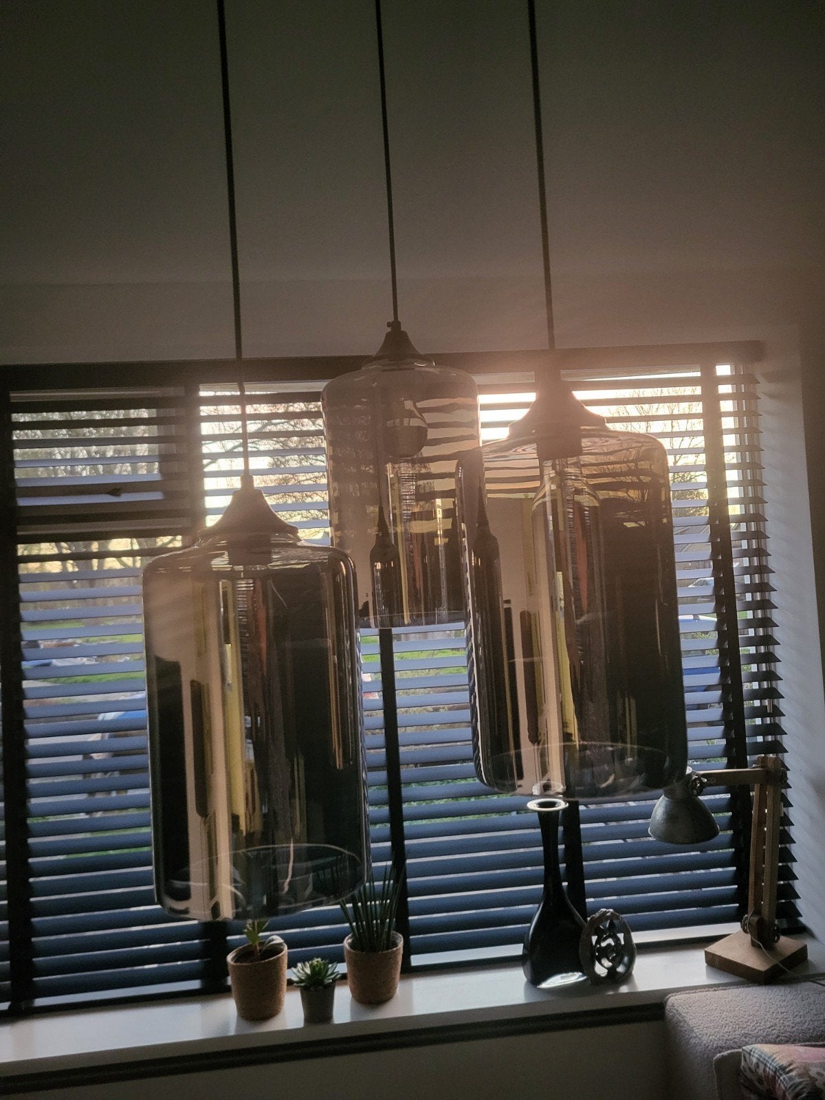 Hanglamp smoke glas 3-lichts langwerpig, Huis en Inrichting, Lampen | Hanglampen, Modern, Industrieel, Zo goed als nieuw, Glas