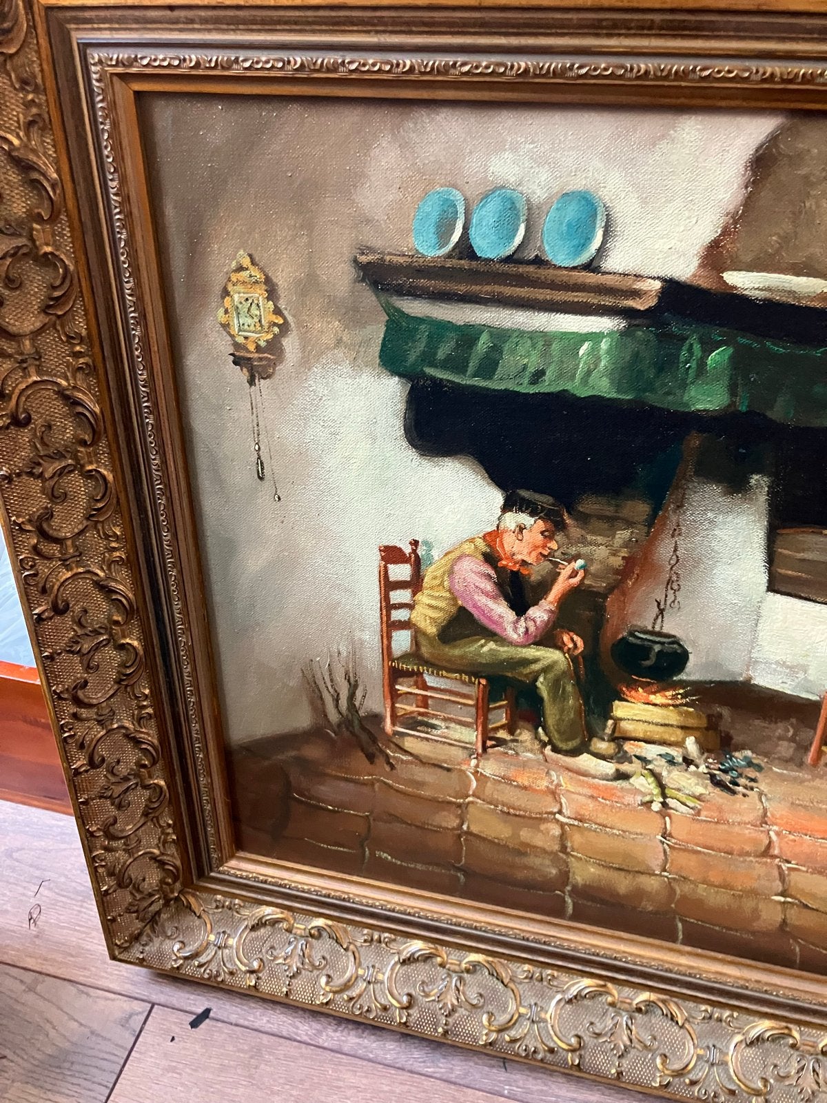 Olieverfschilderij R. van Elden - Man met pijp bij haard, Antiek en Kunst, Kunst | Schilderijen | Klassiek, Doek, Portret of Personen