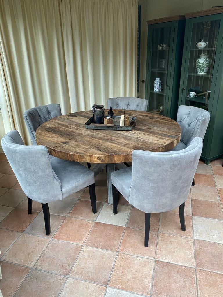 Ronde rustieke eettafel geborsteld eiken met spinpoot, Huis en Inrichting, Tafels | Eettafels, Ophalen, 150 tot 200 cm, Zo goed als nieuw