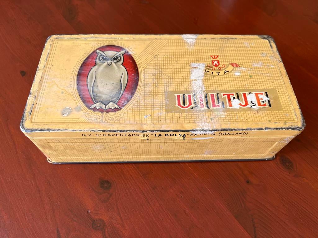 Vintage Uiltje sigarenblik N.V. La Bolsa Kampen, Verzamelen, Ophalen of Verzenden, Gebruikt, Overige, Overige merken