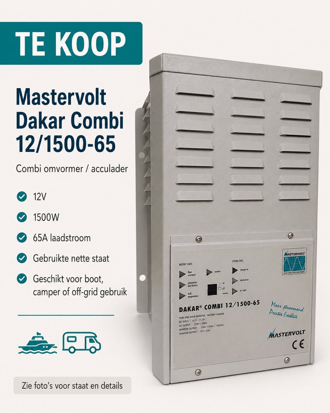Mastervolt Dakar Combi 12/1500-65 omvormer / acculader, Caravans en Kamperen, Ophalen, Zo goed als nieuw