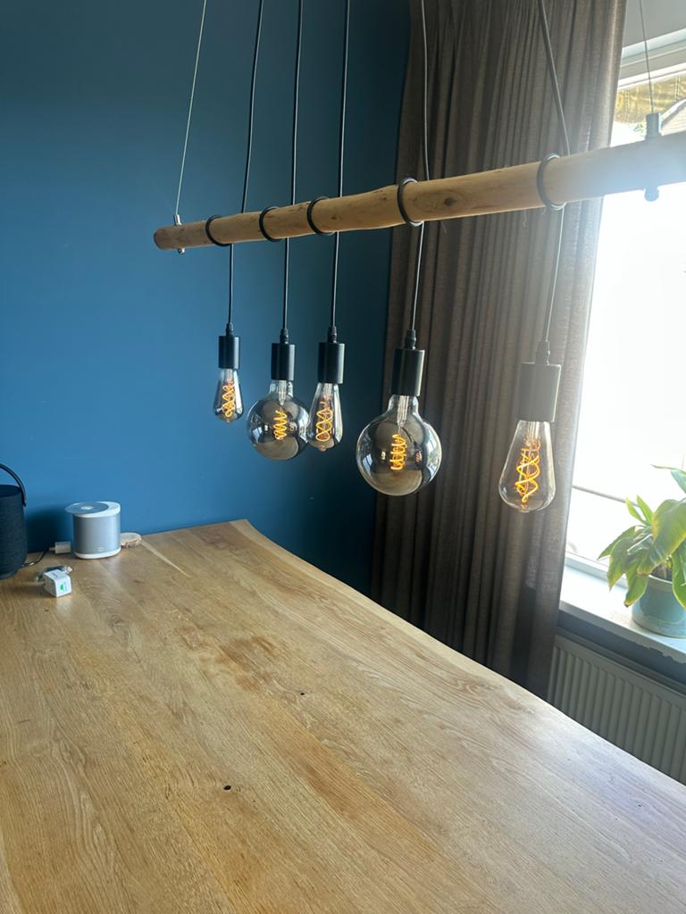 Hanglamp met houten balk en 5 Edison LED lampen, Ophalen, Zo goed als nieuw, Hout, 75 cm of meer