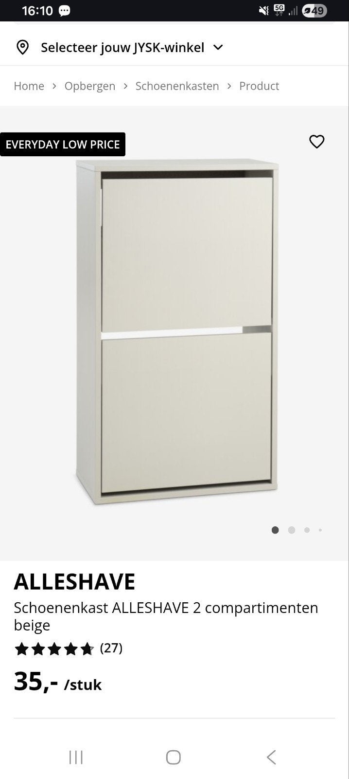 4 stuks voor €100,00 JYSK ALLSHAVE Schoenenkast Beige - 2 Co, Ophalen, Nieuw, Modern, Functioneel