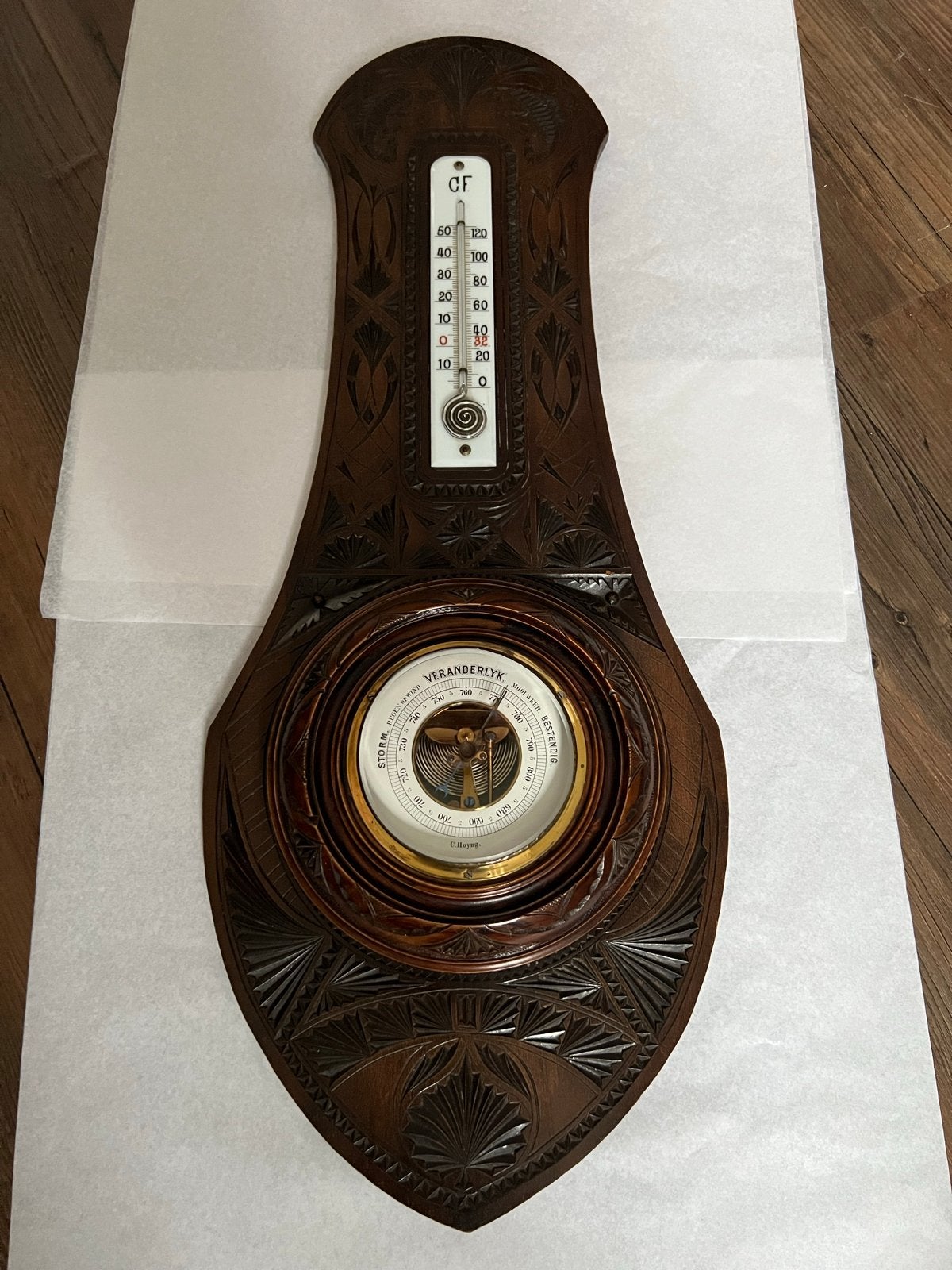 Antieke Barometer en Thermometer - Houtsnijwerk, Ophalen of Verzenden, Gebruikt, Weerstation