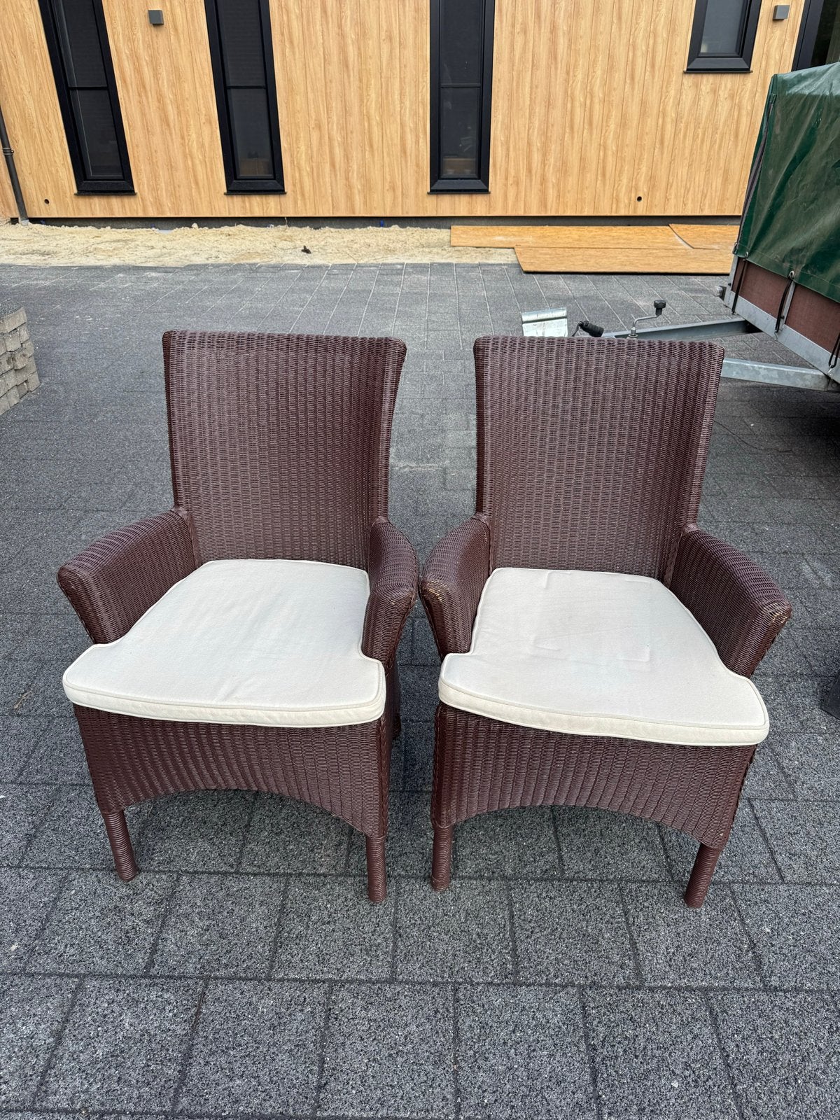 6 Wicker tuinstoelen met kussens, Ophalen, Gebruikt, Wicker
