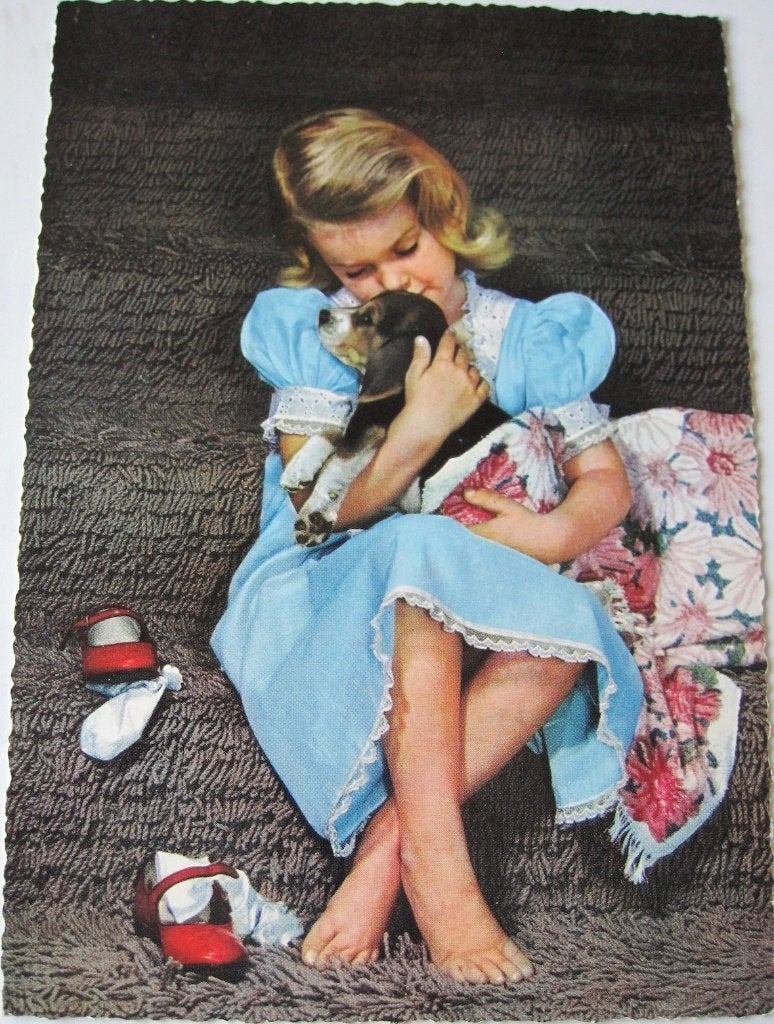 Meisje met basset pup in haar armen - nieuw, Ophalen of Verzenden, 1960 tot 1980, Ongelopen, Hond of Kat