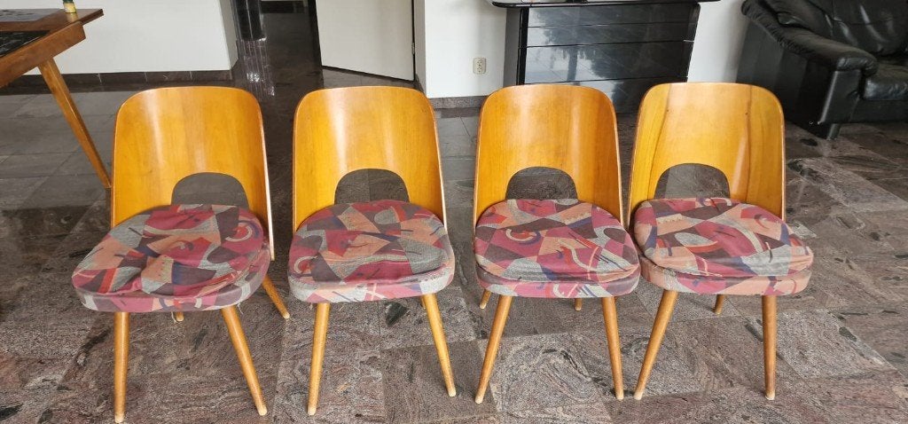 4 Vintage "Lollipop" eetkamerstoelen – František Jirák 60', Ophalen, Gebruikt, Bruin, Mid-Century Modern / Brussel-stijl / Vintage / Lollipop