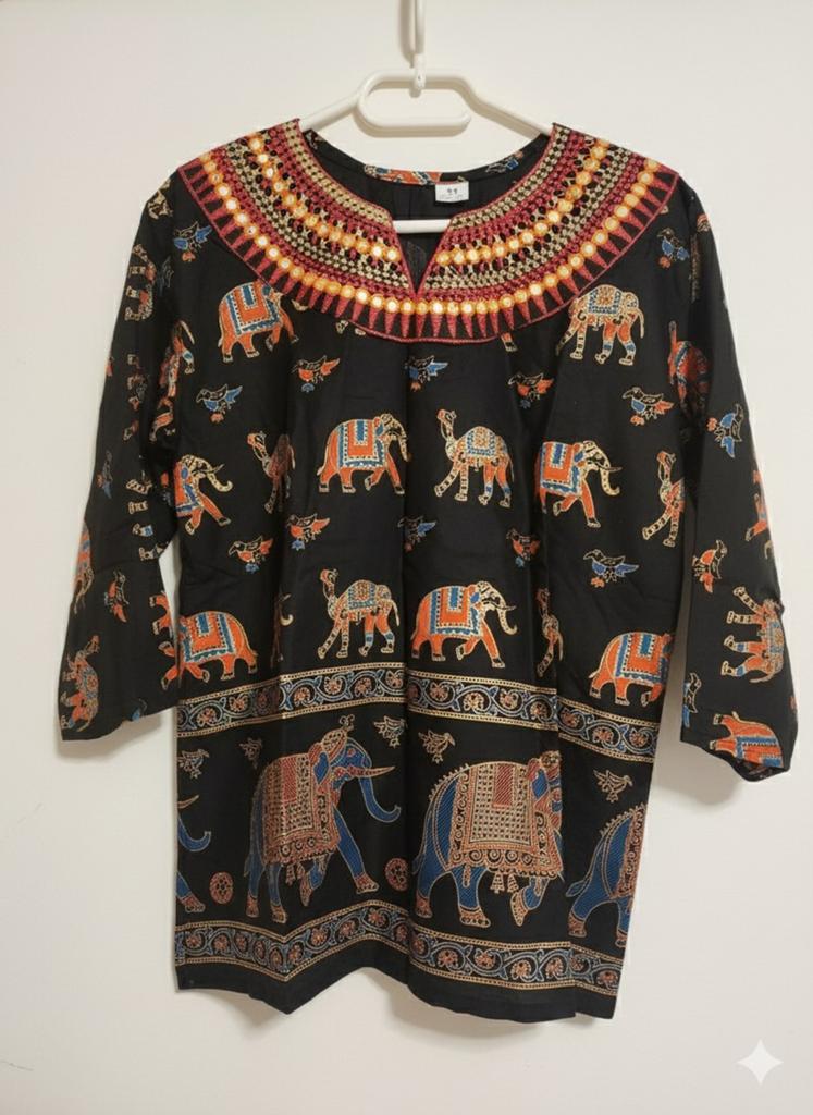 Nieuwe zwarte katoenen Kurta uit Rajasthan, maat L, Kleding | Dames, Verzenden, Zwart, Maat 42/44 (L), Nieuw